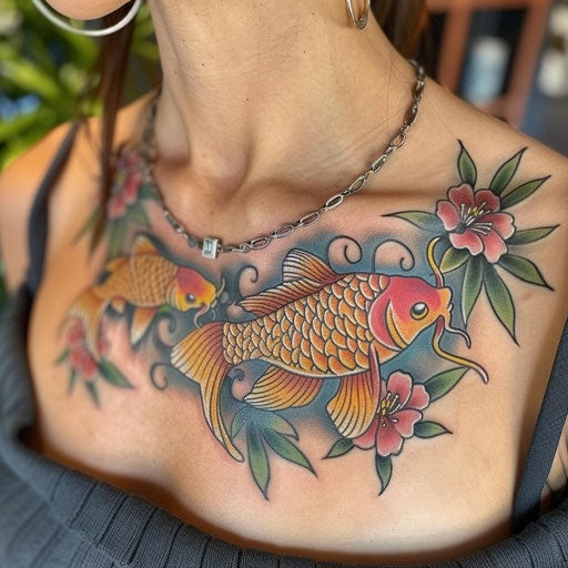 Traditional Japanese collarbone tattoo with koi fish and cherry blossoms