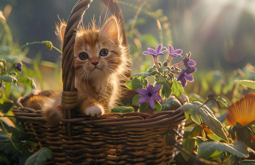 Basket with a small kitten and a purple flower, beautifully surprising style