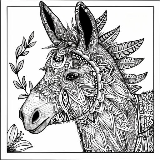 Donkey adorned with intricate patterns, adult coloring page