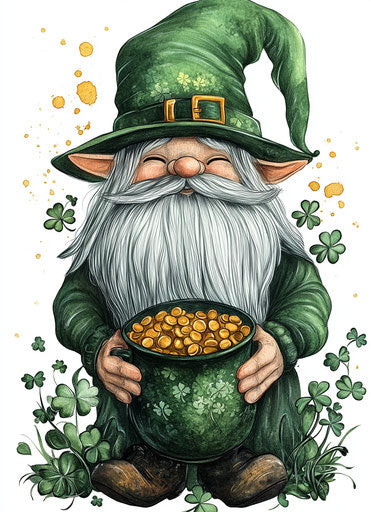 St. Patrick's Day Gnome with Pot of Gold and Shamrocks