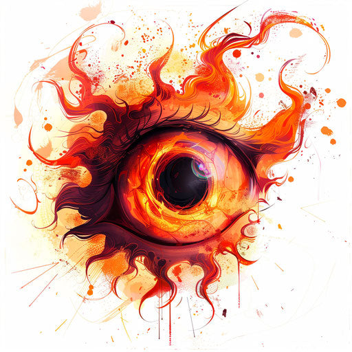 Dynamic sketch of an eyeball surrounded by fiery red and orange flames