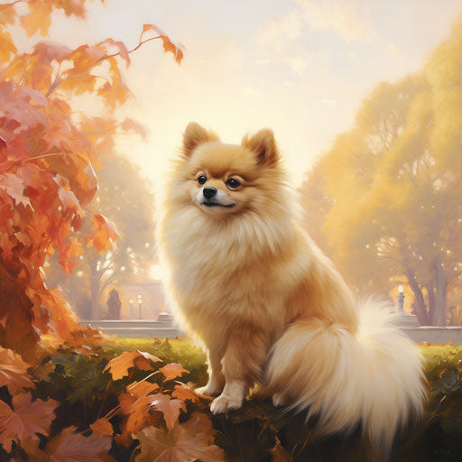 Pomeranian in a park, light orange and light maroon style