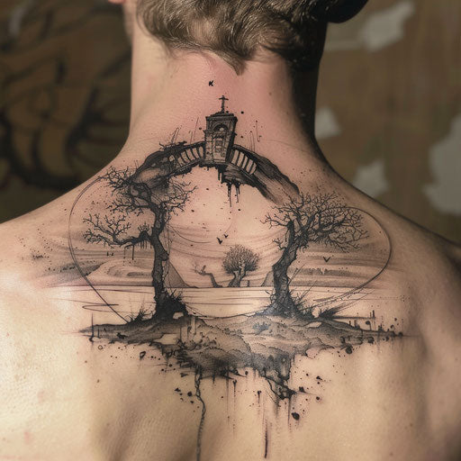 Back neck tattoo of a surreal landscape, Palumbo style