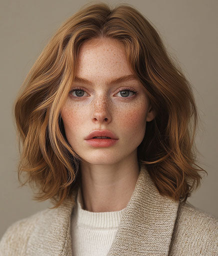Portrait of a model with light brown hair and blonde highlights, shoulder-length hair, in the style of a Vogue fashion editorial.