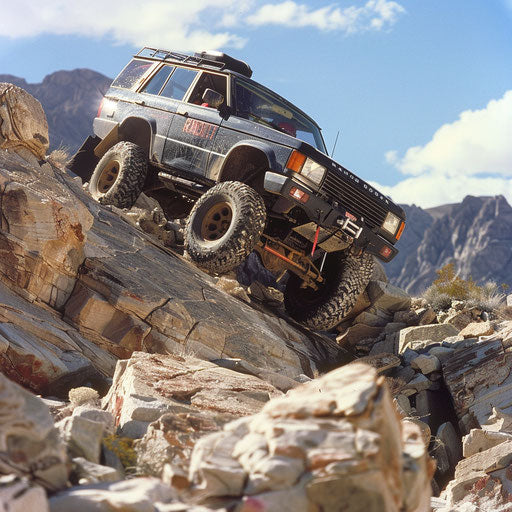 Modified off-road vehicle climbing rocks to the extreme