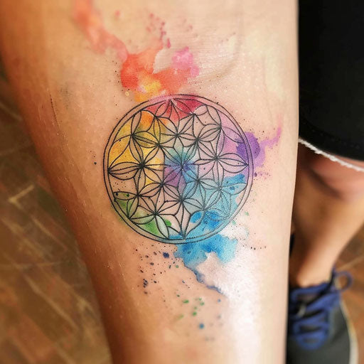 Pastel tattoo sketch of the Flower of Life, soft watercolor effects