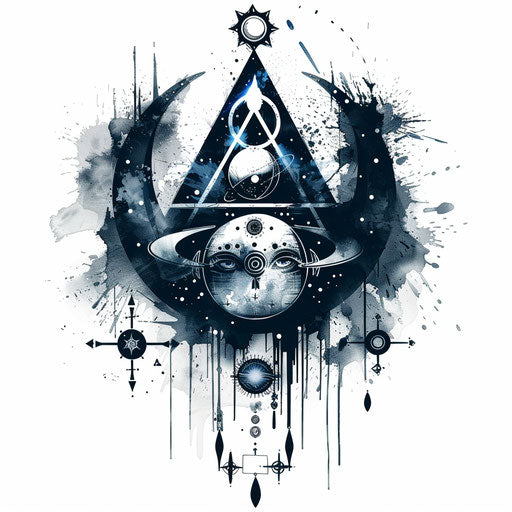 Mystical tattoo sketch of an anarchy symbol with celestial bodies, clipart style, midnight blue