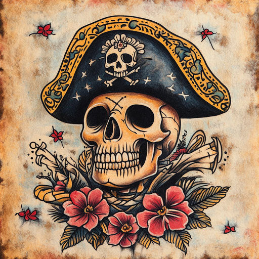 Family tattoos for men, pirate skull with captain's hat