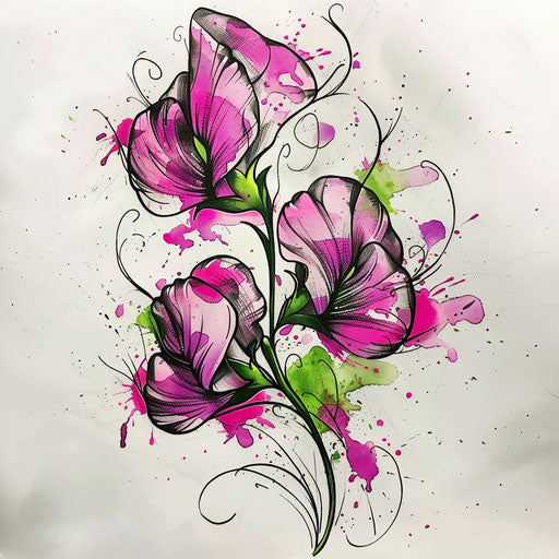 Bold and colorful tattoo sketch of a sweet pea with watercolor effects and splashes of pink and green