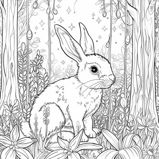 Easter bunny in magical forest with sparkling fairy lights and mythical creatures.