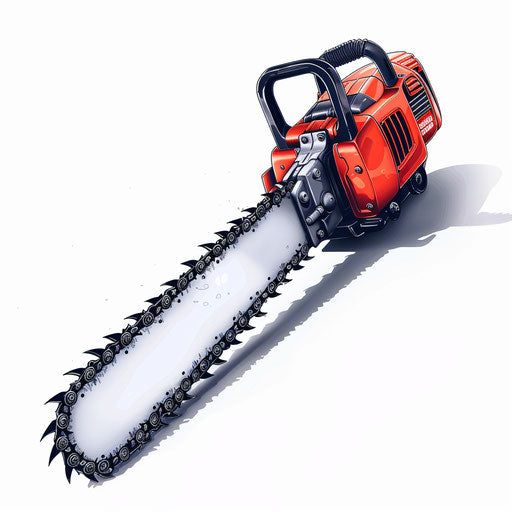 Realistic chainsaw clipart on flat white background, bright colors