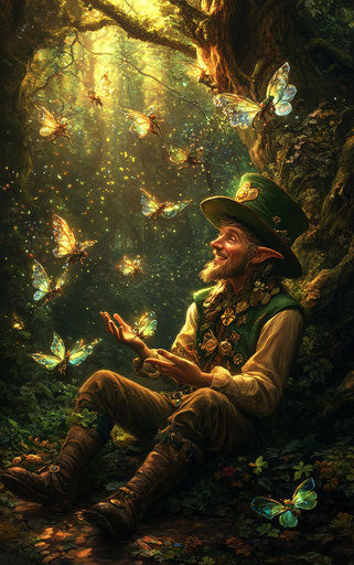 Gnome surrounded by fairies in enchanted forest