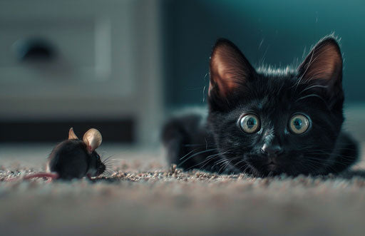Black cat staring at a mouse on carpet