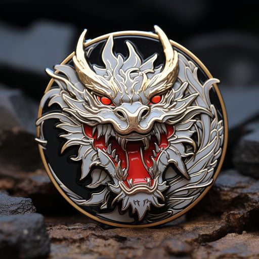 Black enamel pin with red and white dragon, energetic style