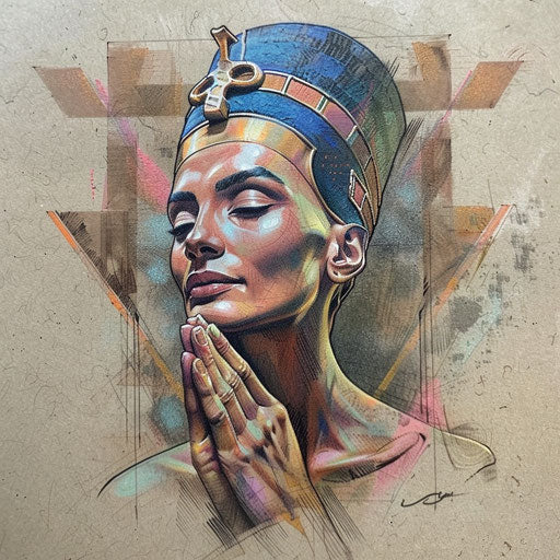 Tranquil flat tattoo sketch of Nefertiti in meditative pose