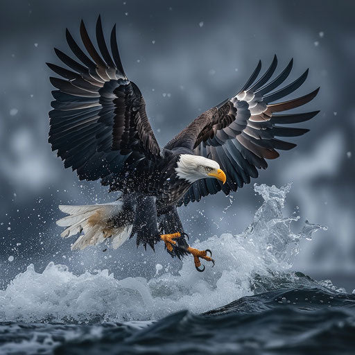 Bald eagle diving towards the water, intense action
