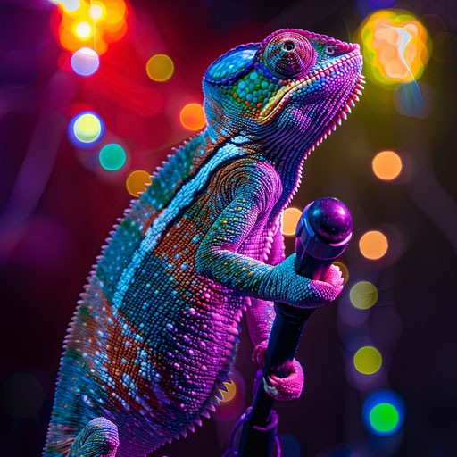 Chameleon at rock concert, skin pulsating with music and lights