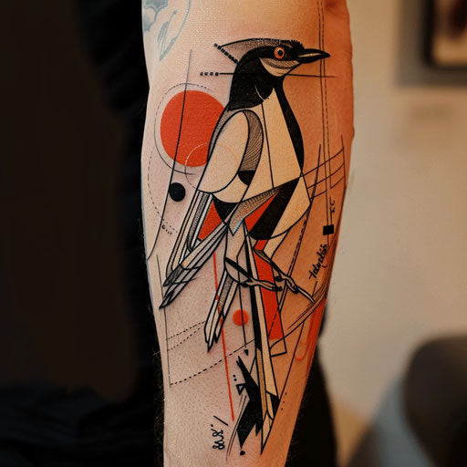 Modern flat tattoo sketch featuring a magpie with abstract, cubist influences