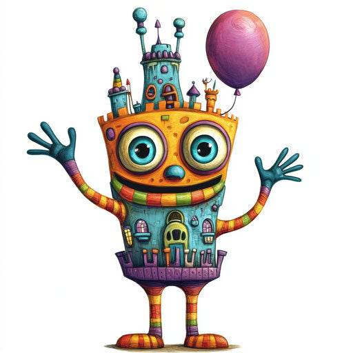 Humorous caricature of a tower with human characteristics