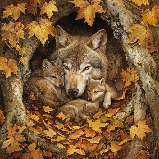 A wolf and her cubs in a den hidden among autumn leaves