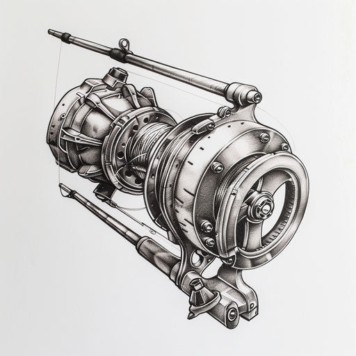 Blackwork tattoo design of a fishing reel