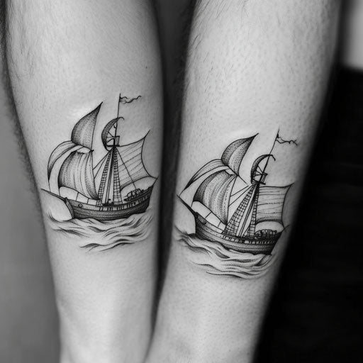 Father son tattoos with two ships on stormy sea