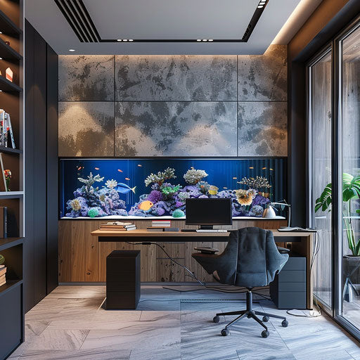 Home office with built-in aquarium wall