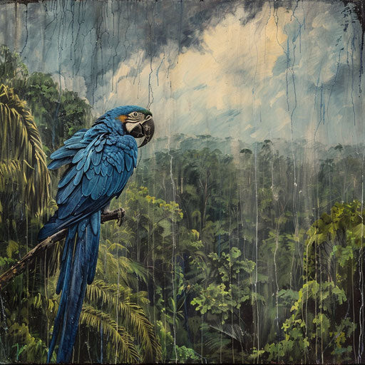 Storm approaching rainforest, lone blue macaw stoically facing rain