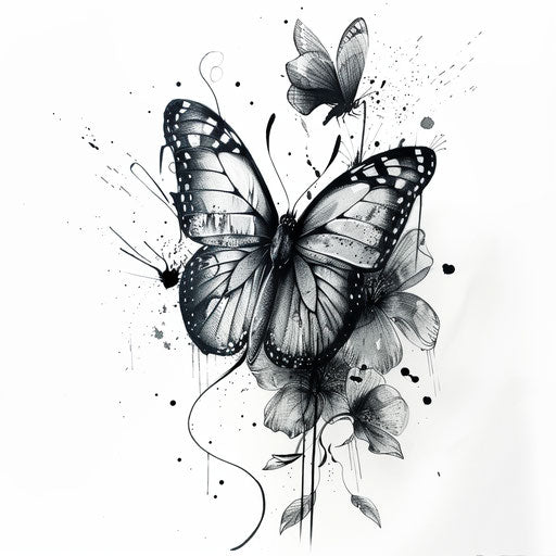 Surreal butterfly emerging from an abstract flower, dreamy tattoo design