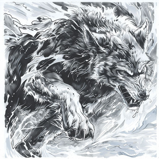 Fenrir wolf tattoo: mythical ferocity and strength in black and grey on white canvas