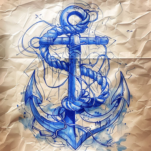 Nautical clipart style tattoo sketch of an anchor entwined with rope, navy blue outlines