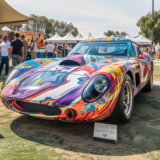 Vibrant hand-painted mural on Shelby Daytona art car at festival