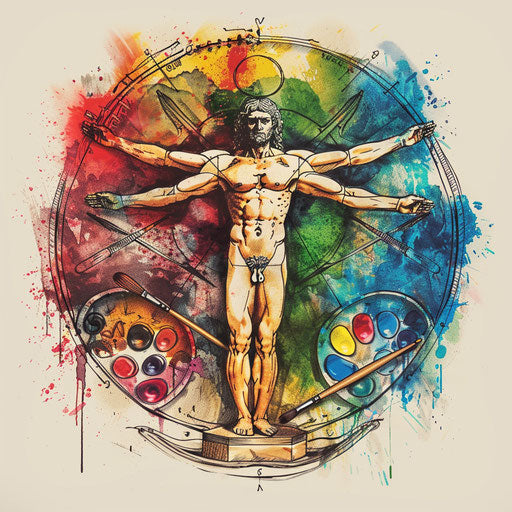 Inspired tattoo sketch of the Vitruvian Man with palette and brushes
