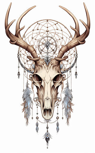 Dream catcher with antlers, feathers, skull, fine line work