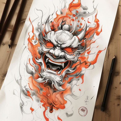 Dynamic flat tattoo sketch of a Hannya mask with flames and smoke
