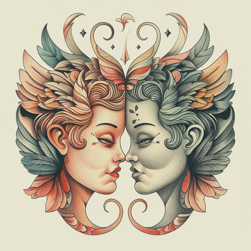 Contemporary tattoo sketch in flat design, angel and devil sharing secrets, pastel tones