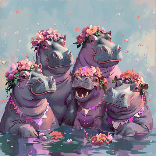 Festive scene of hippos adorned with flowers and ribbons