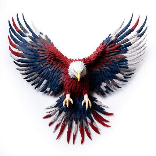 Bald eagle with white wings on white background, red and navy style