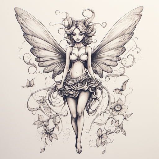 Fairy drawing with wings, meticulous inking style, cartoonish characters, sleek and stylized