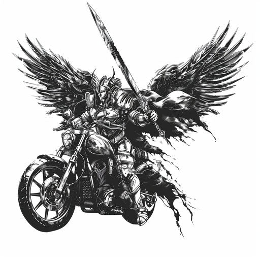 Archangel Michael on battle motorcycle in battle armor