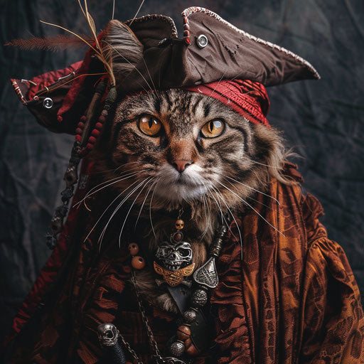 Pirate cat in maroon and amber costume