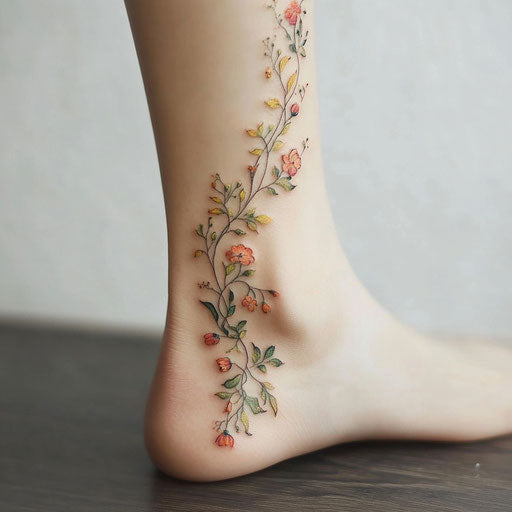 Ankle tattoos for women with a dainty floral vine wrapping around the ankle