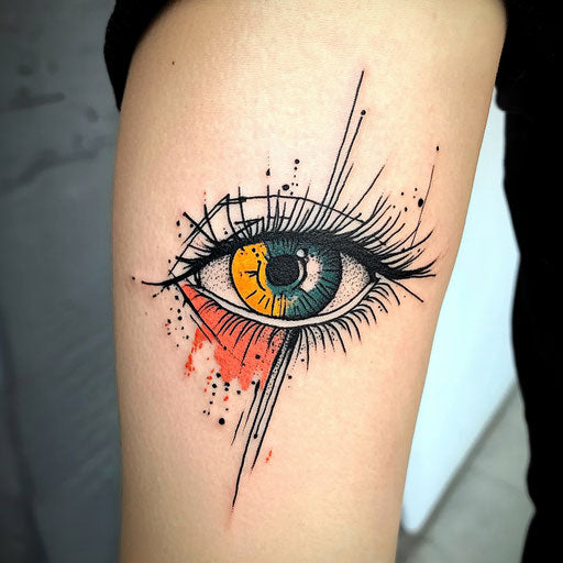Eye tattoo on arm with pop art style and bold colors