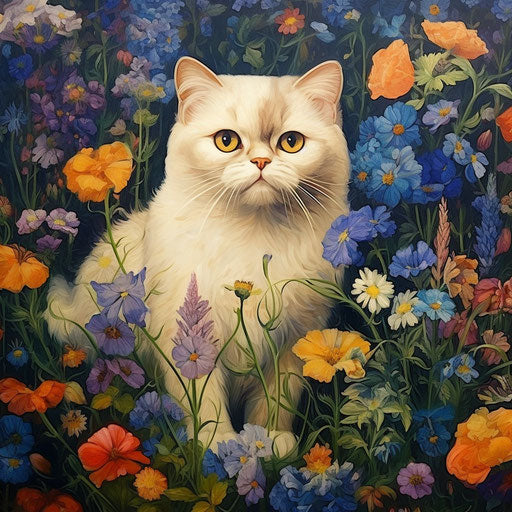 Exotic shorthair cat in a field of flowers