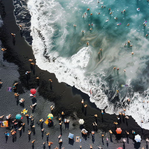 Black sand beach with families enjoying sun and sea
