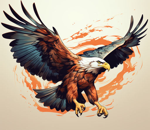 American eagle tattoo style with spread wings, orange and brown