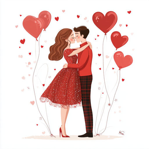 In love in red under heart balloons, clip-art style