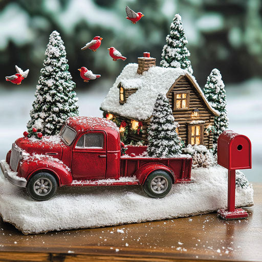 Winter scene with red truck and Christmas tree