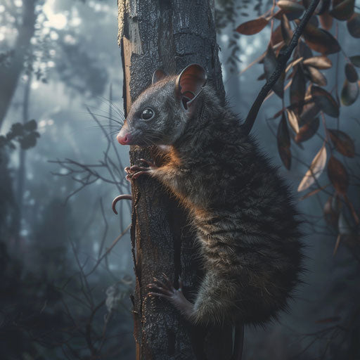 Possum clinging to a tree trunk with a misty background