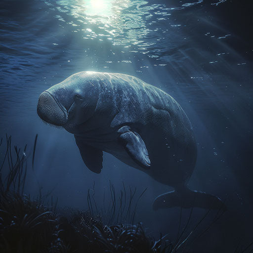 Dugong in a dramatic moonlit underwater scene